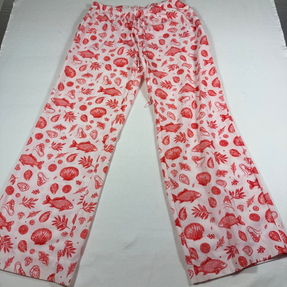 No Comment Pajama Pants M White Red Coastal Fish Shell Print Wide Leg RW436694